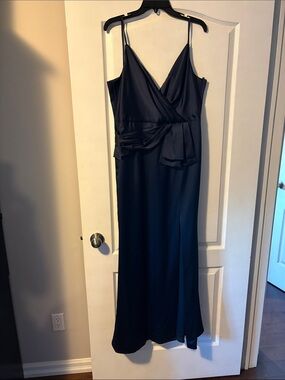 New With Tags Adrianna Papell Navy Satin Wrap Maxi Dress